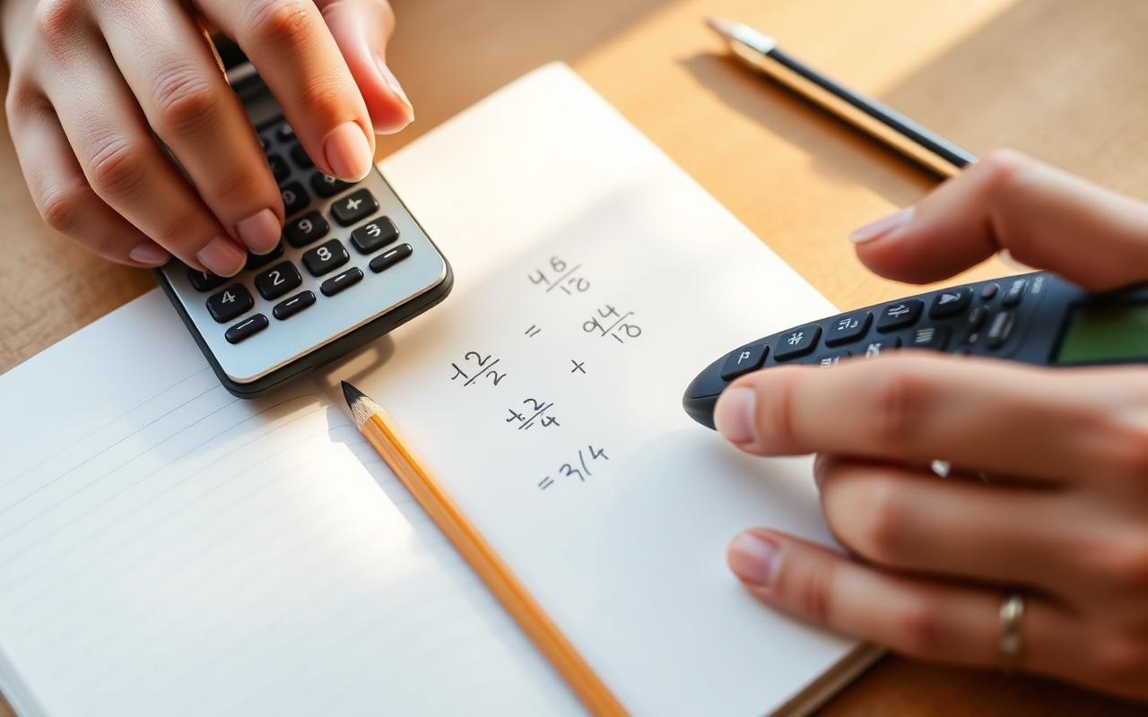 Hands using a scientific calculator to add the fractions one half and three quarters