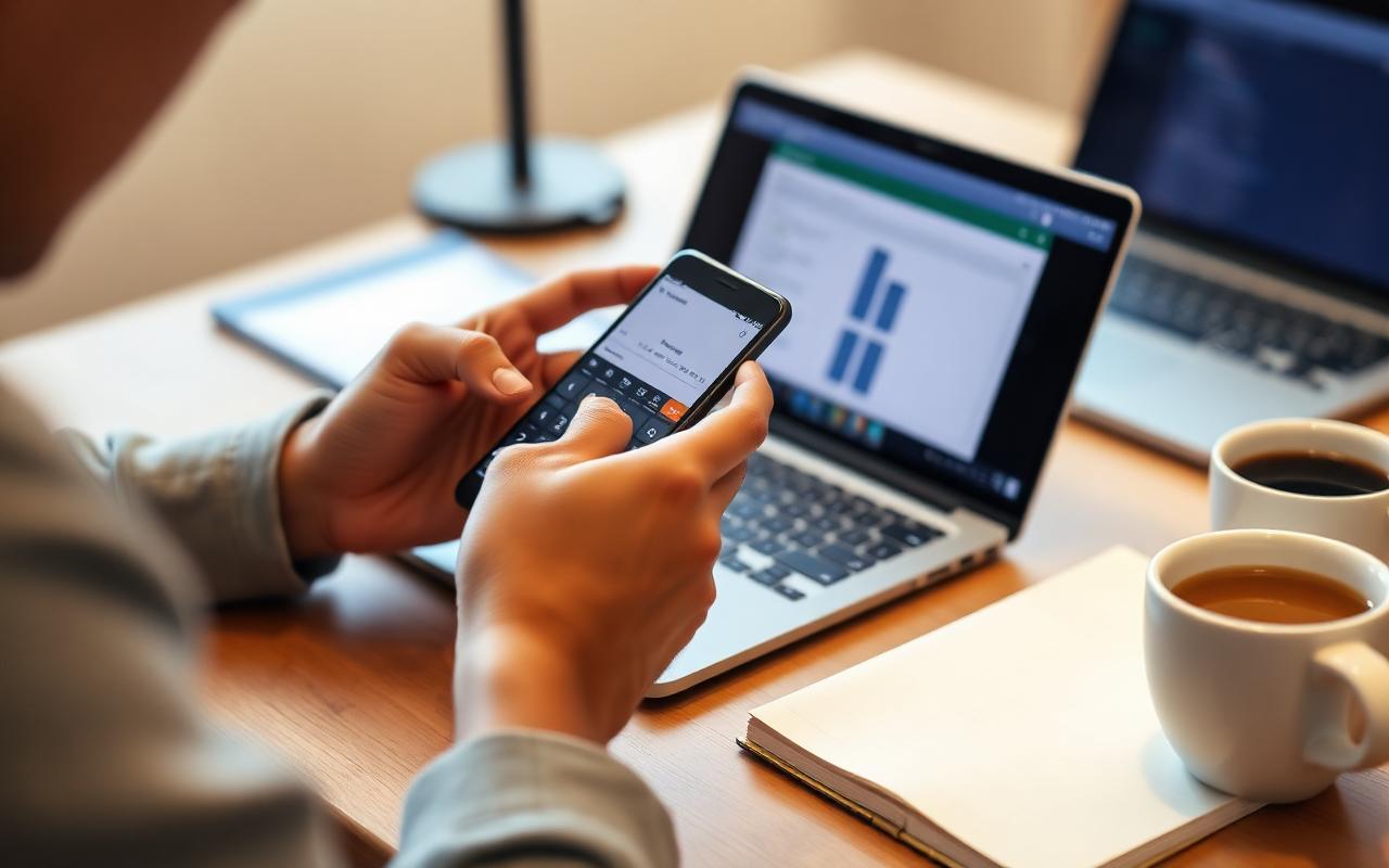 Student using a free online calculator on a phone and laptop while studying