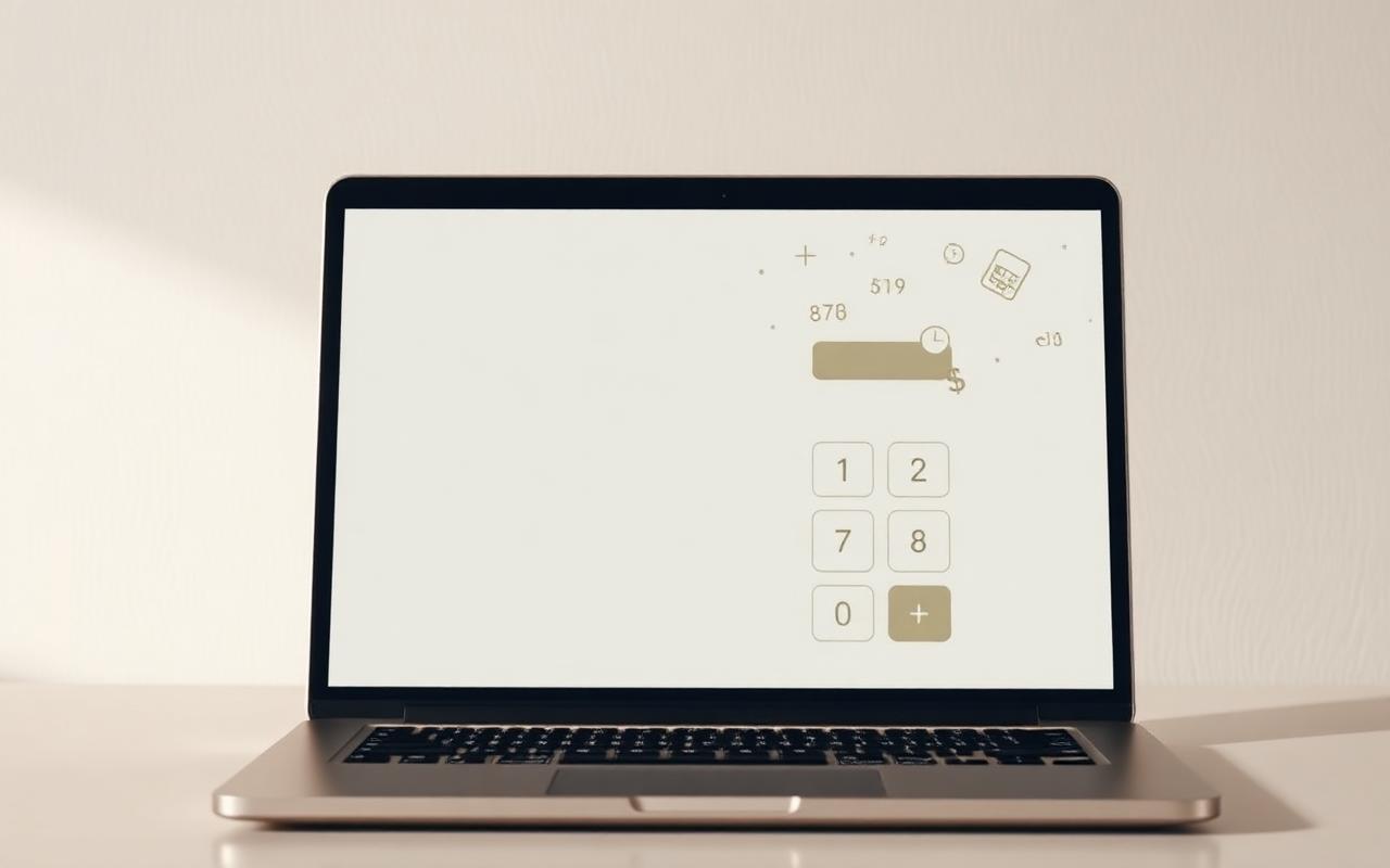 Free calculator online open in a browser on a laptop with floating math symbols