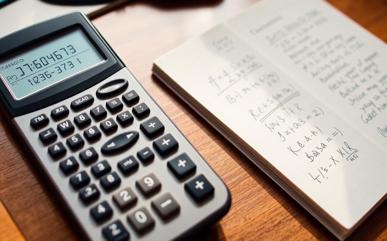 How does a scientific calculator work — display showing a parsed expression next to handwritten math working in a notebook