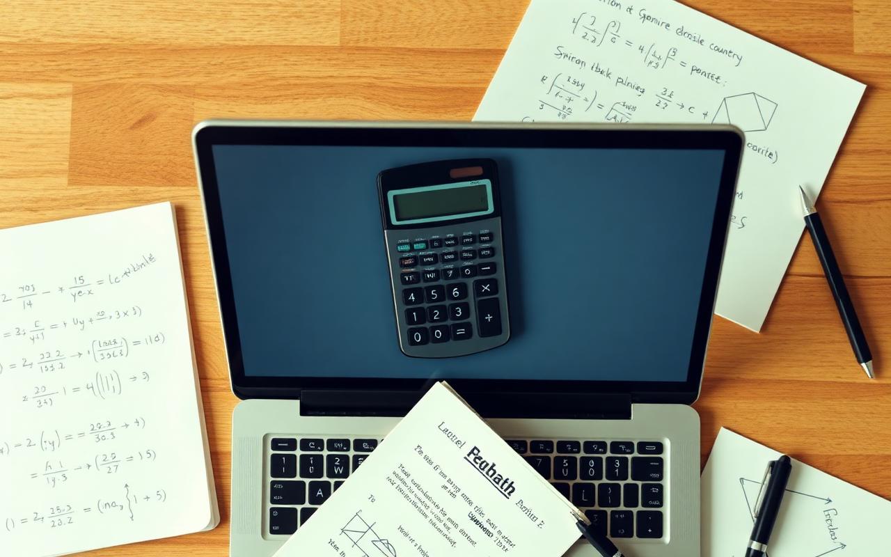Math calculator on a laptop surrounded by algebra and geometry notes