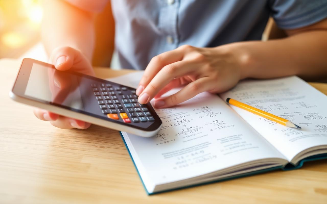 Student using a math calculator on a phone with an open algebra textbook