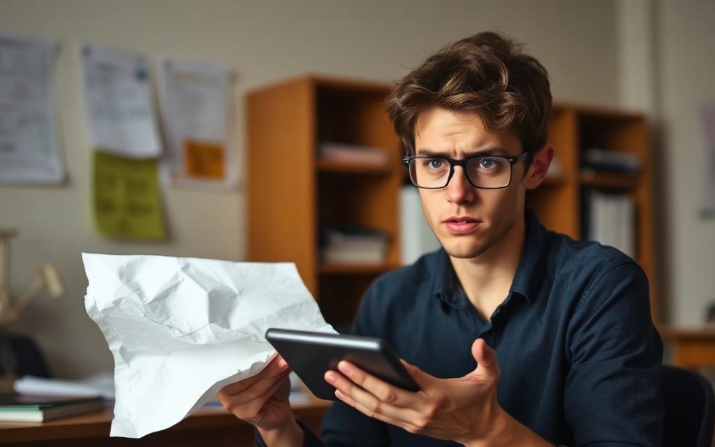Student looking puzzled at calculator and crumpled paper