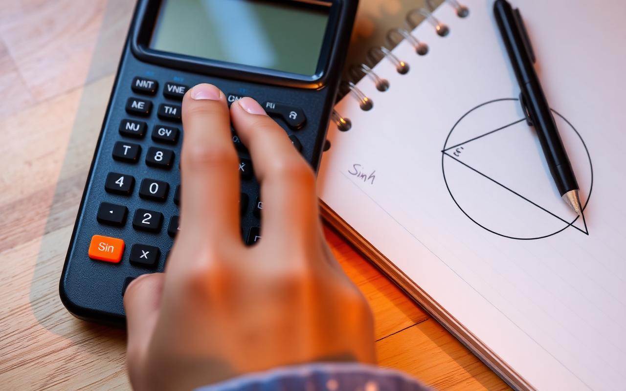 Hand pressing the sin key on a scientific calculator beside a notebook with a unit circle and right triangle for trigonometry