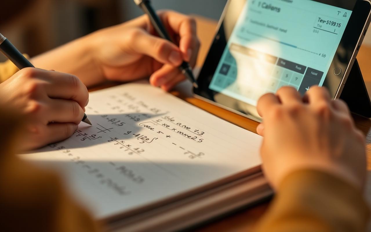 Student writing math steps in a notebook beside a tablet running a free online scientific calculator with step-by-step solution
